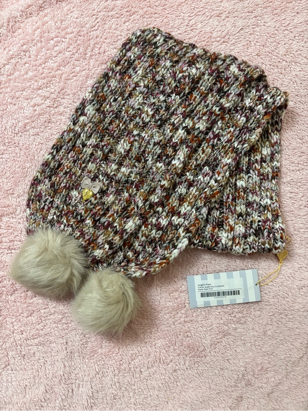 Kids Multicolor Knit Scarf with Cream Faux-Fur Pom Poms